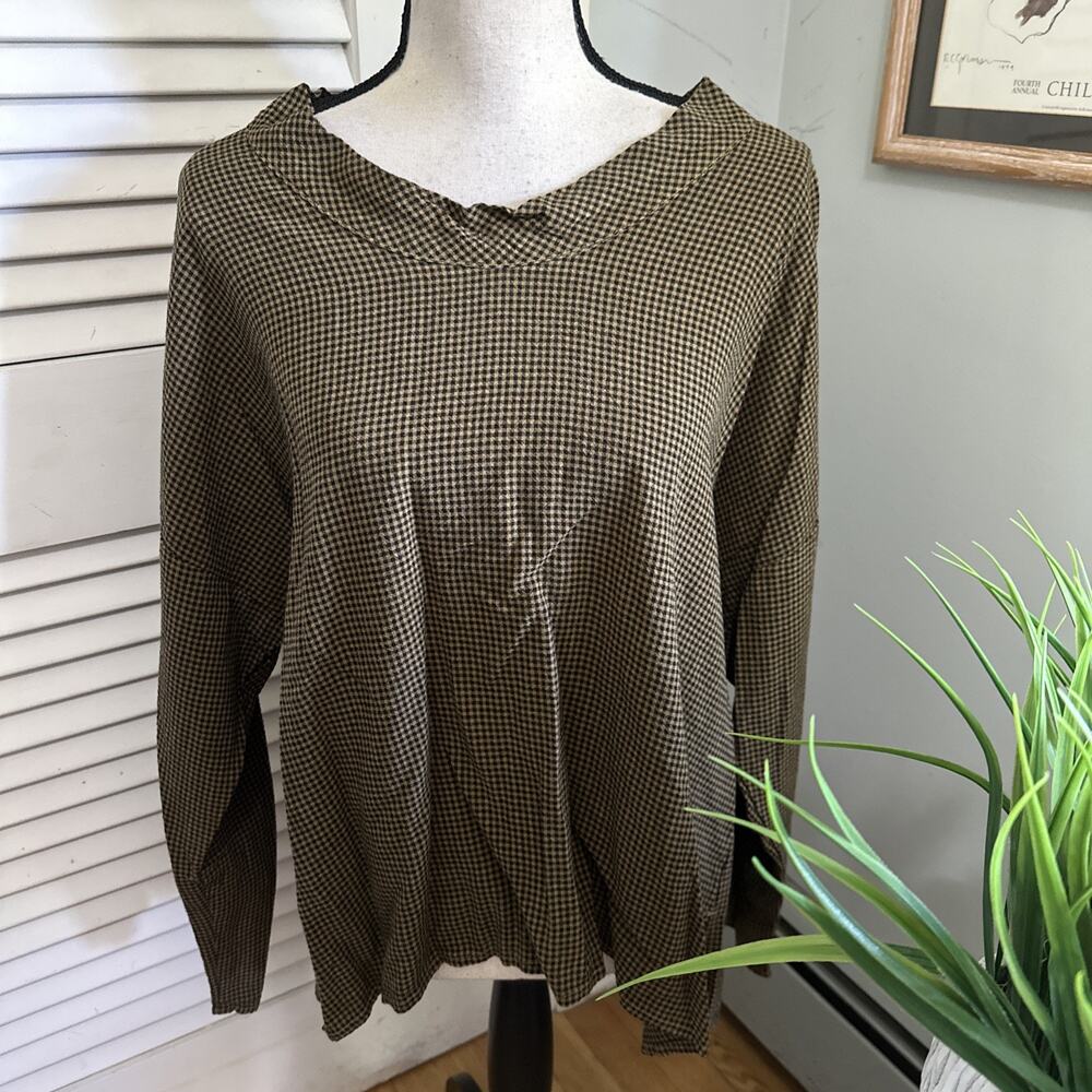 Cut Loose Top Womens Large Gold Black Micro Check Plaid Lagenlook Boho Chic